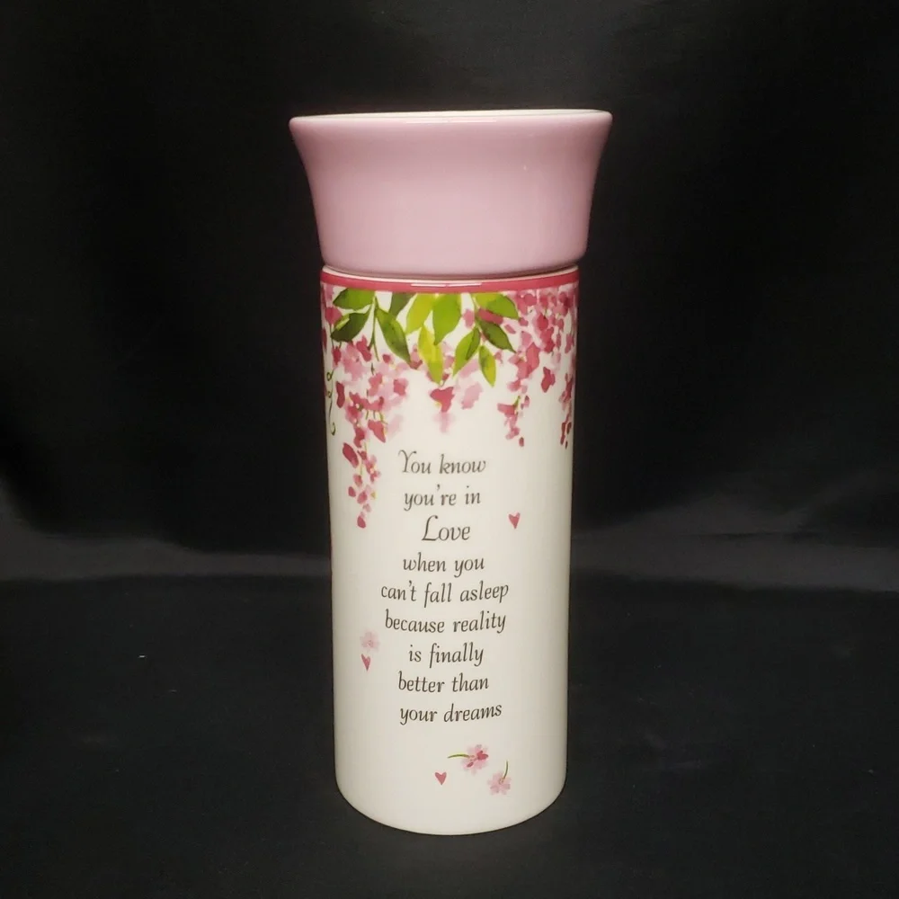 Ganz NWT Floral Ceramic Vase with Arranger and Love Quote, Pink & Ivory